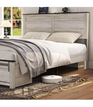 Wooden Bed Frame Queen Size with Headboard & Sliding Barn Door Storage Footboard