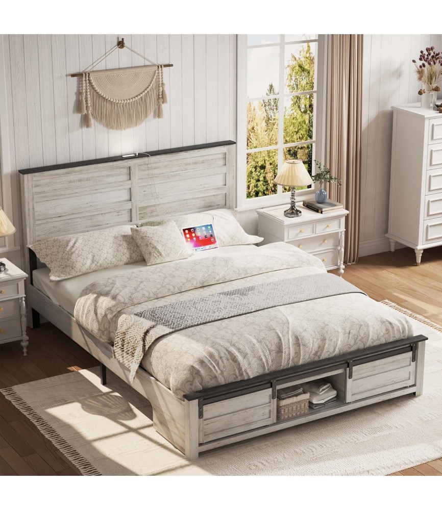 Wooden Bed Frame Queen Size with Headboard & Sliding Barn Door Storage Footboard