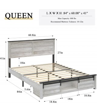 Wooden Bed Frame Queen Size with Headboard & Sliding Barn Door Storage Footboard