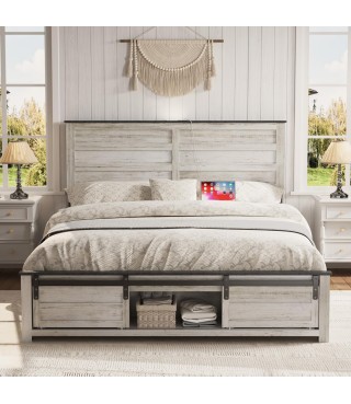 Wooden Bed Frame Queen Size with Headboard & Sliding Barn Door Storage Footboard