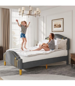 Queen Velvet Bed Frame with Adjustable Headboard, Upholstered Headboard and Footboard