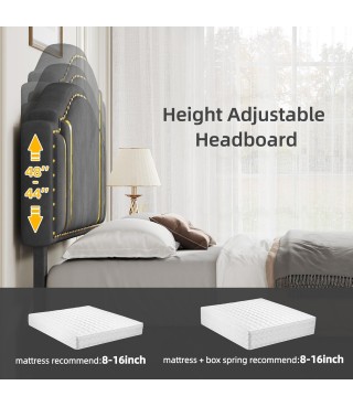 Queen Velvet Bed Frame with Adjustable Headboard, Upholstered Headboard and Footboard