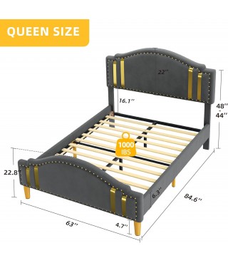 Queen Velvet Bed Frame with Adjustable Headboard, Upholstered Headboard and Footboard