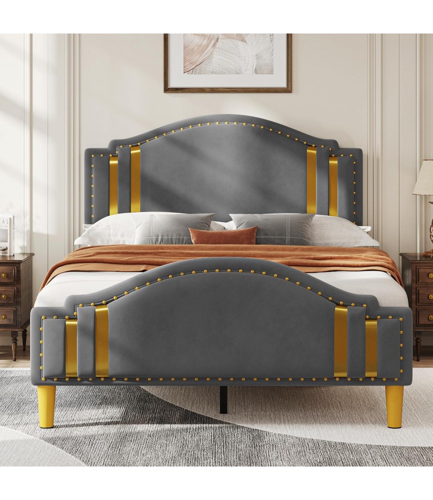 Queen Velvet Bed Frame with Adjustable Headboard, Upholstered Headboard and Footboard
