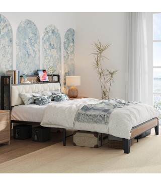 Queen Size Bed Frame, Storage Headboard with Charging Station