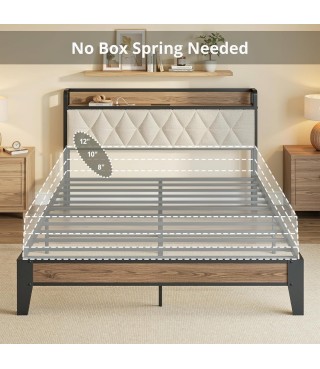 Queen Size Bed Frame, Storage Headboard with Charging Station