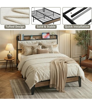 Queen Size Bed Frame, Storage Headboard with Charging Station