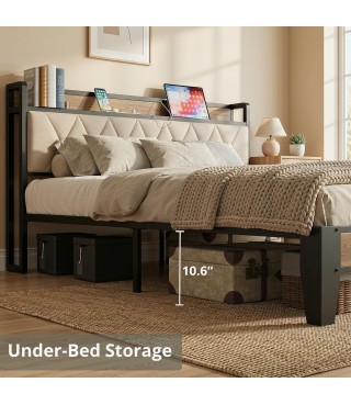 Queen Size Bed Frame, Storage Headboard with Charging Station