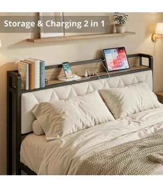 Queen Size Bed Frame, Storage Headboard with Charging Station