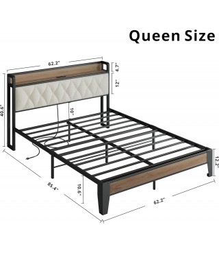 Queen Size Bed Frame, Storage Headboard with Charging Station