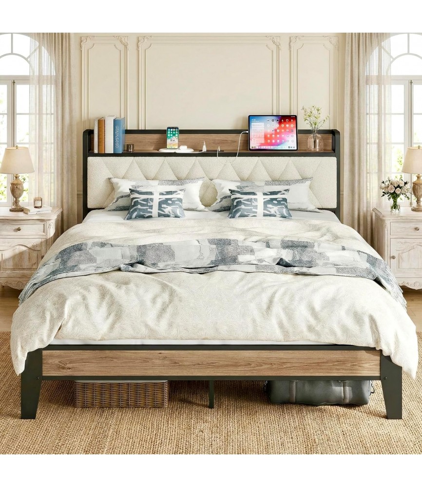 Queen Size Bed Frame, Storage Headboard with Charging Station