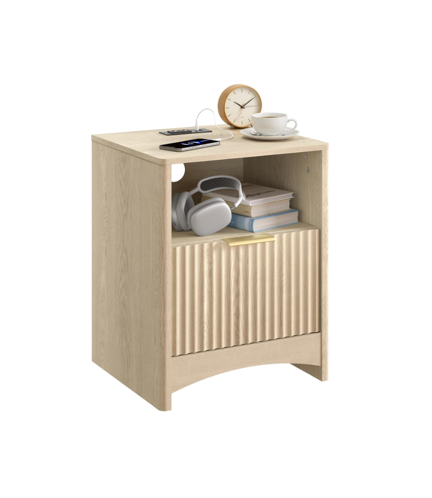 Adjustable Bedside Table with USB & AC Ports, 1 Drawer End Table