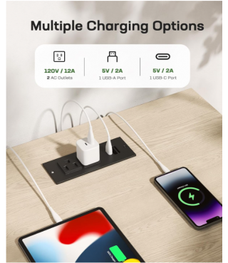 Adjustable Bedside Table with USB & AC Ports, 1 Drawer End Table