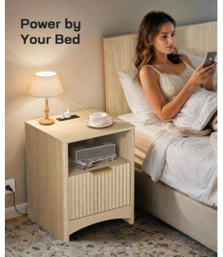 Adjustable Bedside Table with USB & AC Ports, 1 Drawer End Table
