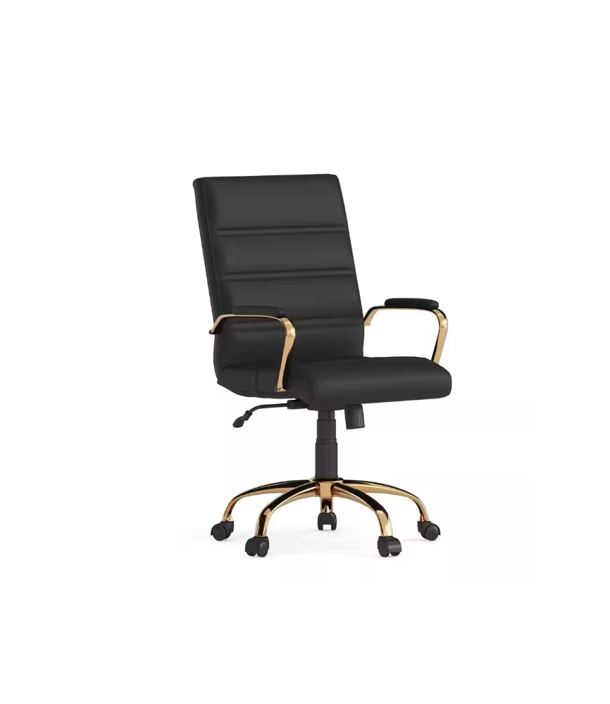 Mid-Back Faux Leather Swivel Office Chair in Black/Gold Frame