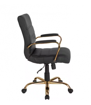 Mid-Back Faux Leather Swivel Office Chair in Black/Gold Frame
