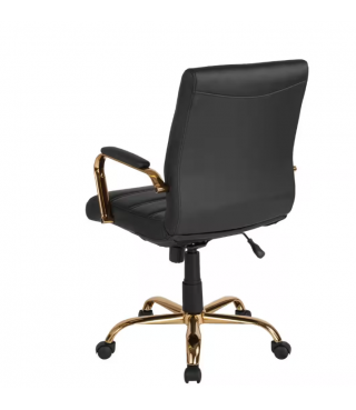 Mid-Back Faux Leather Swivel Office Chair in Black/Gold Frame