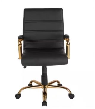 Mid-Back Faux Leather Swivel Office Chair in Black/Gold Frame