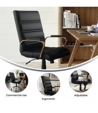 Mid-Back Faux Leather Swivel Office Chair in Black/Gold Frame