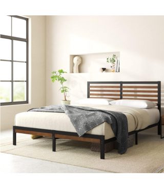 Bamboo and Metal Platform Bed Frame with Headboard
