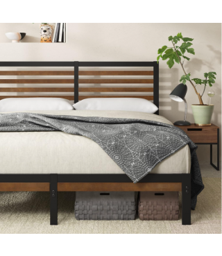 Bamboo and Metal Platform Bed Frame with Headboard