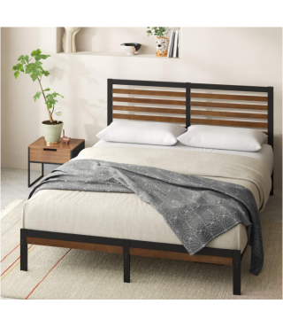 Bamboo and Metal Platform Bed Frame with Headboard
