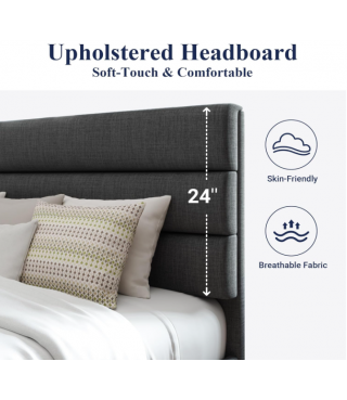 Full Size Platform Bed Frame with Fabric Upholstered Headboard and Wooden Slats Support