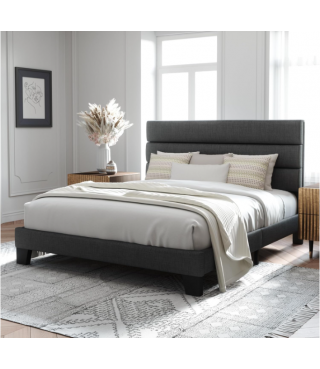 Full Size Platform Bed Frame with Fabric Upholstered Headboard and Wooden Slats Support