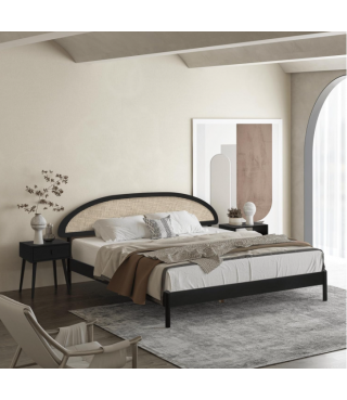 Wooden Bed Frame with Headboard and Natural Rattan