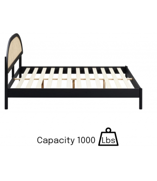 Wooden Bed Frame with Headboard and Natural Rattan