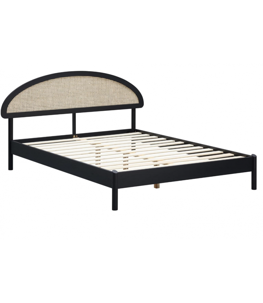 Wooden Bed Frame with Headboard and Natural Rattan