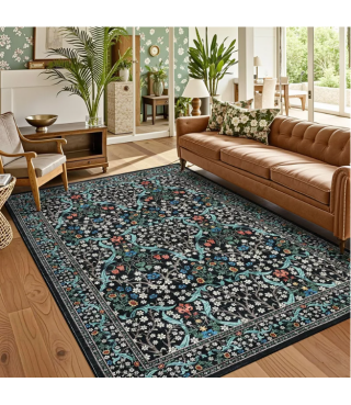 Dark Blue Floral Pattern Washable Rug for Living Room, Bedroom