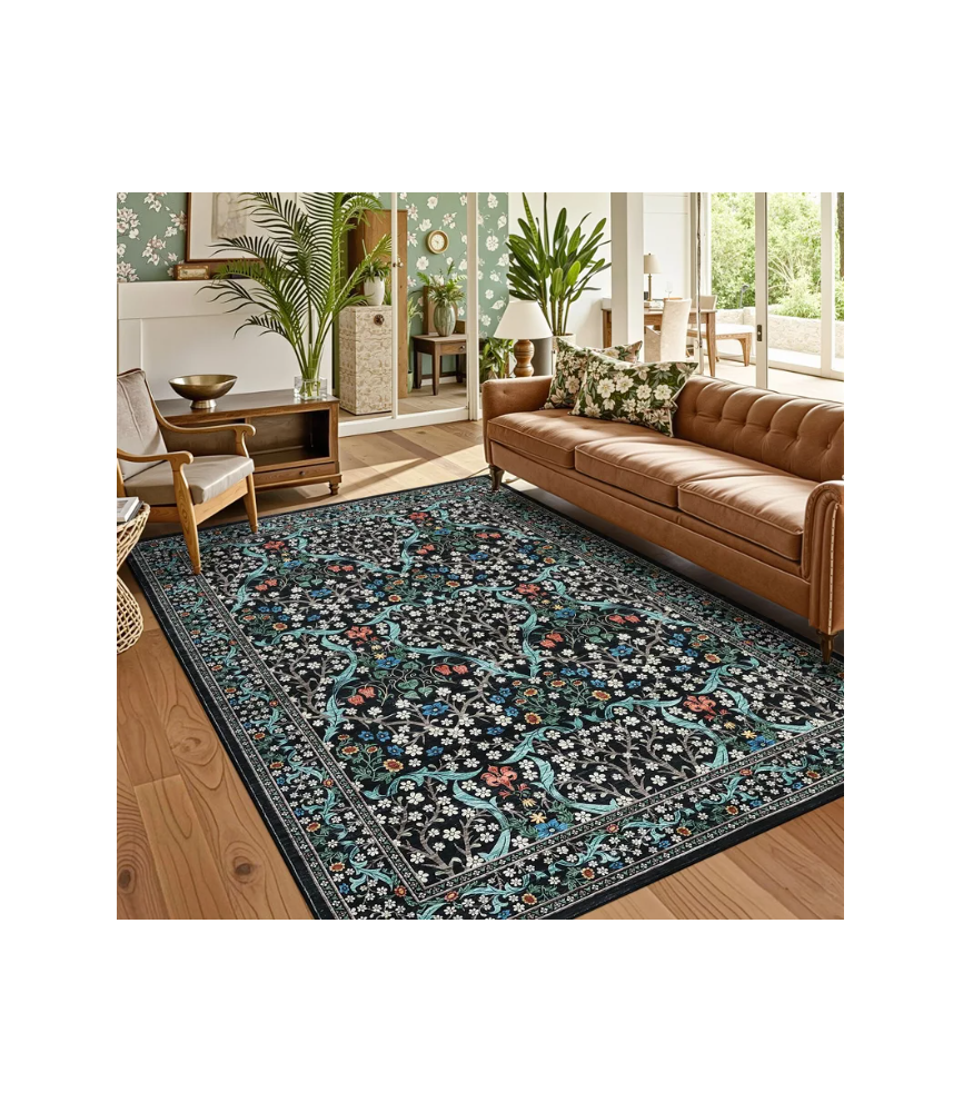 Dark Blue Floral Pattern Washable Rug for Living Room, Bedroom