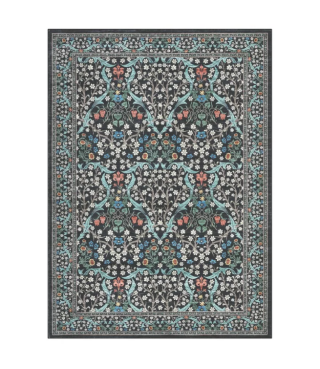 Dark Blue Floral Pattern Washable Rug for Living Room, Bedroom