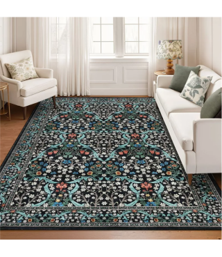 Dark Blue Floral Pattern Washable Rug for Living Room, Bedroom