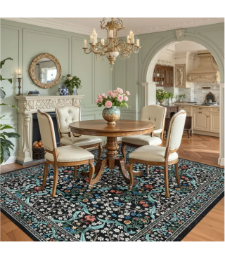 Dark Blue Floral Pattern Washable Rug for Living Room, Bedroom