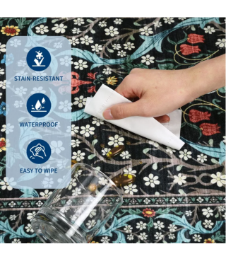 Dark Blue Floral Pattern Washable Rug for Living Room, Bedroom