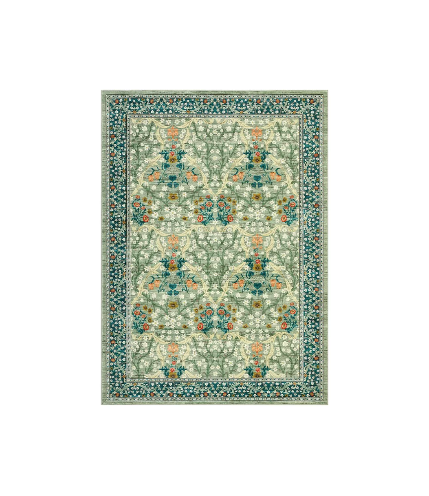 Dark Blue Floral Pattern Washable Rug for Living Room, Bedroom