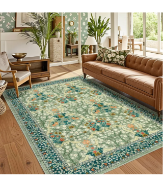 Dark Blue Floral Pattern Washable Rug for Living Room, Bedroom