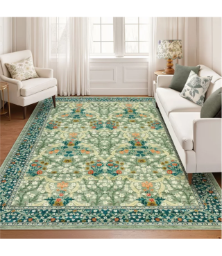 Dark Blue Floral Pattern Washable Rug for Living Room, Bedroom