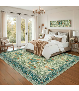 Dark Blue Floral Pattern Washable Rug for Living Room, Bedroom