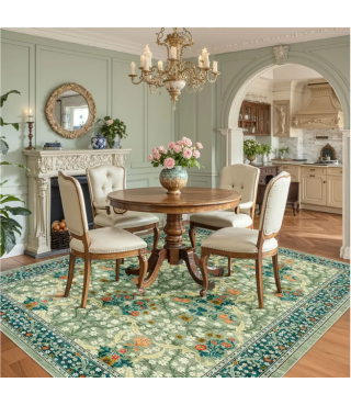 Dark Blue Floral Pattern Washable Rug for Living Room, Bedroom